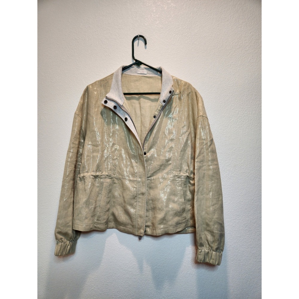 Brunello Cucinelli Metallic Linen Jacket Zip Snap Italy Women's L Luxury